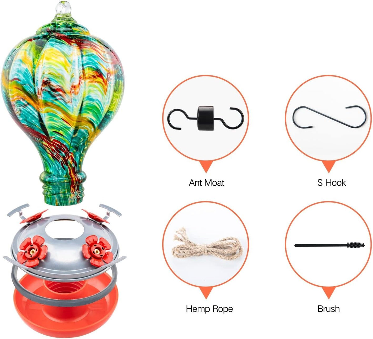Muse Garden Hummingbird Feeders Blown Glass Hummingbird Feeder, Garden Backyard Decor for Outside, 32OZ, Rainbow Spirit