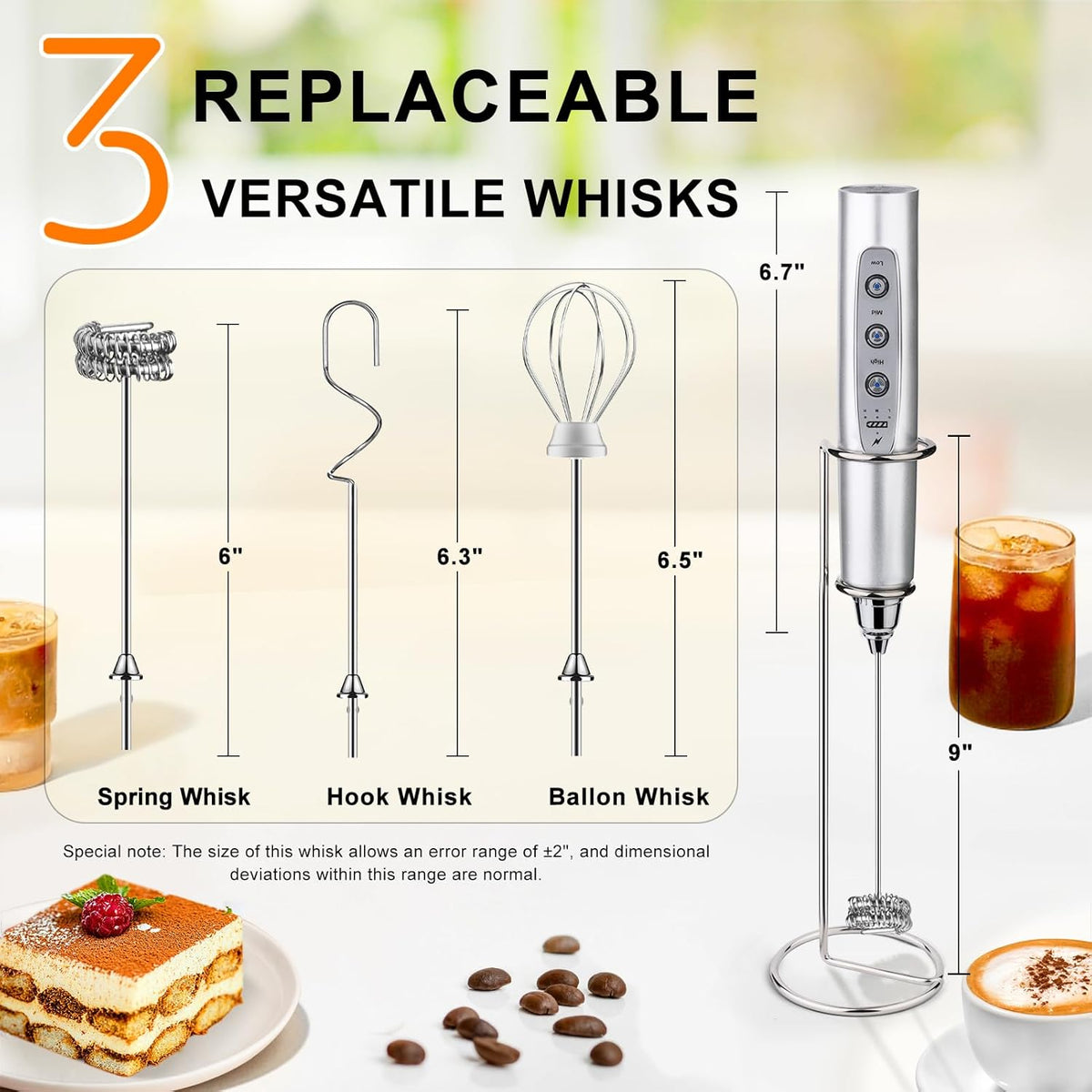 YUSWKO Silver Rechargeable Milk Frother for Coffee with Stand, Handheld Drink Mixer with 3 Heads 3 Speeds Electric Stirrers for Latte, Cappuccino, Hot Chocolate, Egg