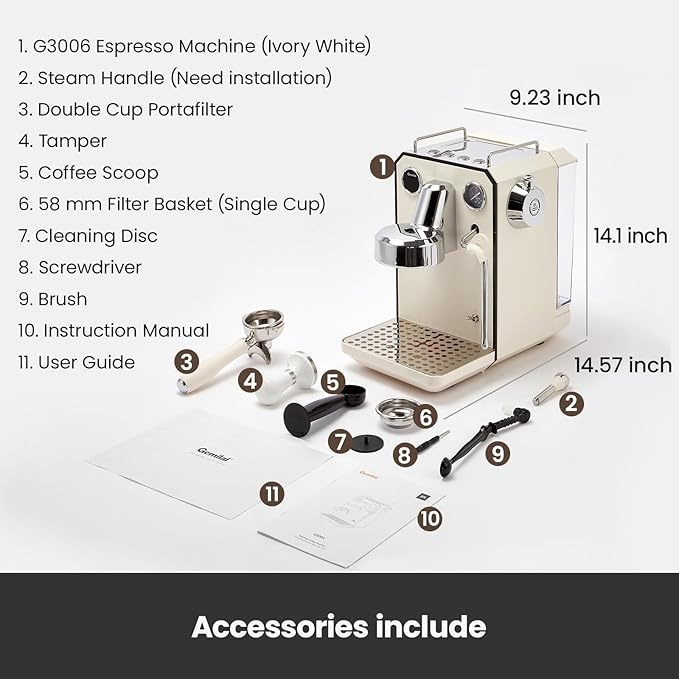 Owl Espresso Machine, 15 Bar Professional Semi-Automatic Espresso Maker with Milk Frother Steam Wand, 57oz Removable Water Tank, Dual Display, for Cappuccino, Latte at home, G3006, Ivory White