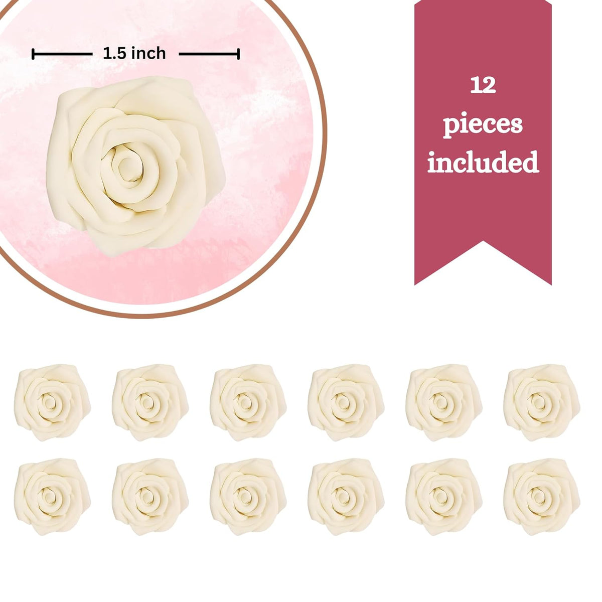 Confect Edible Ivory Rose Toppers – 12-Pack Classic Pearl Edible Roses for Cake, Cupcake Decorating – Elegant Floral Toppers for Desserts- Vegan, Nut-Free, Soy-Free, Dairy-Free, Palm Oil-Free