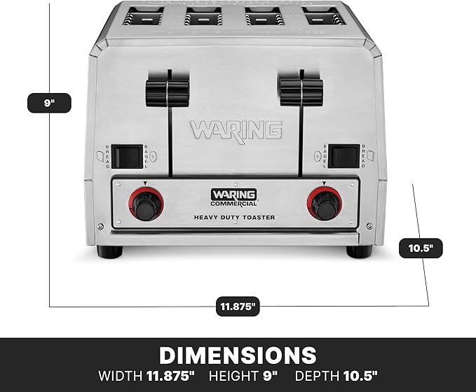 Waring Commercial WCT805 4-Slice Heavy Duty Commercial Pop-Up Bread/Bagel Toaster, 208V, 2800W, 6-20 Phase Plug