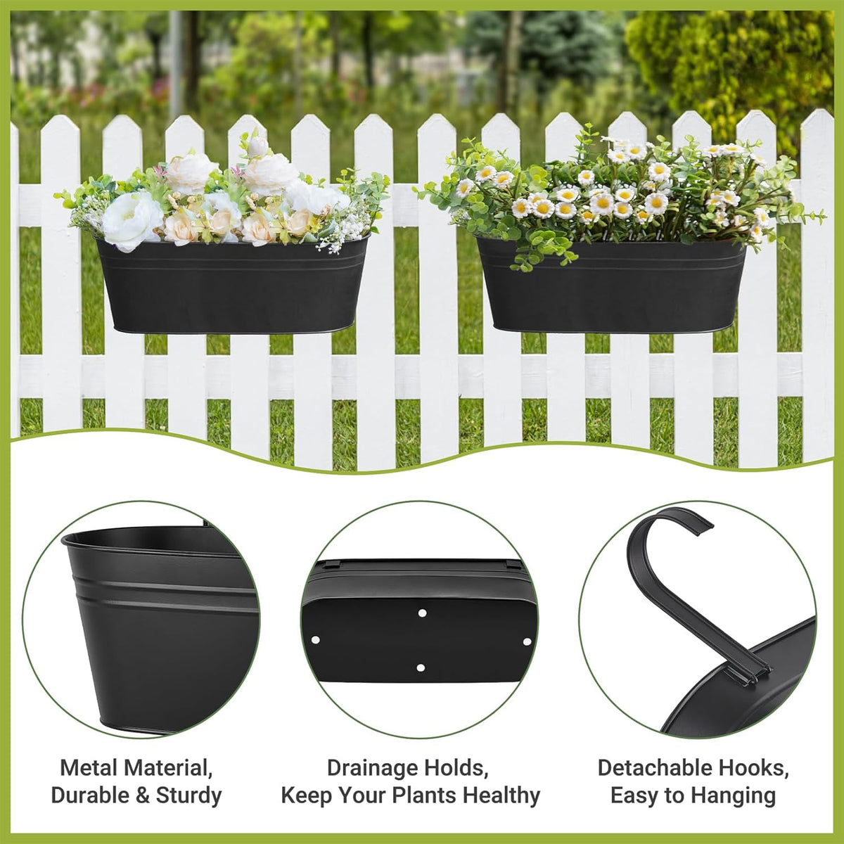 Dahey 4 Pcs Metal Hanging Flower Pots for Railing Fence Outdoor Planter 15.7 Inch Hanging Bucket Pots Countryside Window Flower Plant Holder with Detachable Hooks for Garden Yard Home Decor,Black