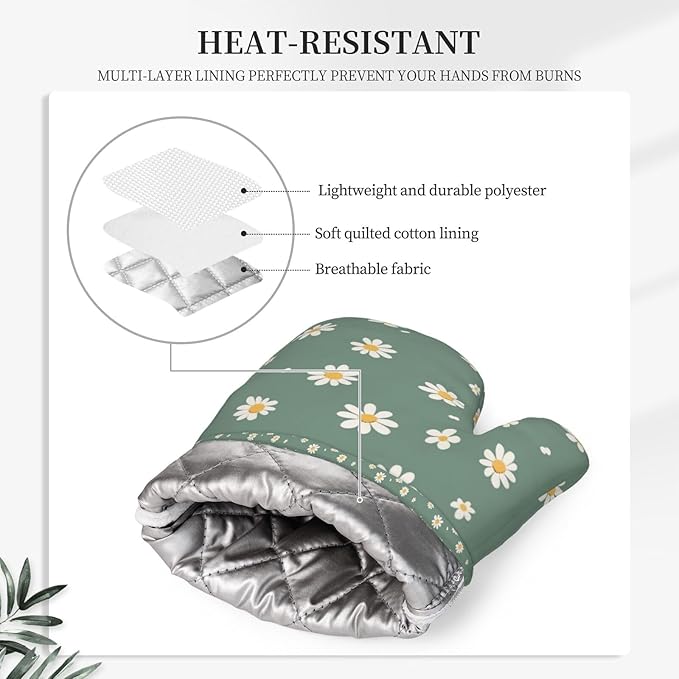 Oven Mitts and Pot Holders Daisy Flower Green Silicone Kitchen Accessories Set of 4 Heat Resistant Long Gloves Potholder Non-Slip Grip for Chef Cooking Baking Grilling BBQ