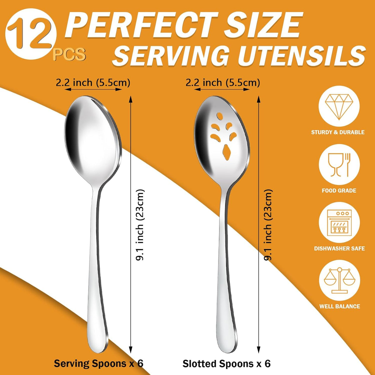 BEWOS 12-Piece Serving Set, 6 Slotted and 6 Regular Spoons, 9.1-Inch Stainless Steel, Dishwasher Safe, Large Serving Spoons For Buffet