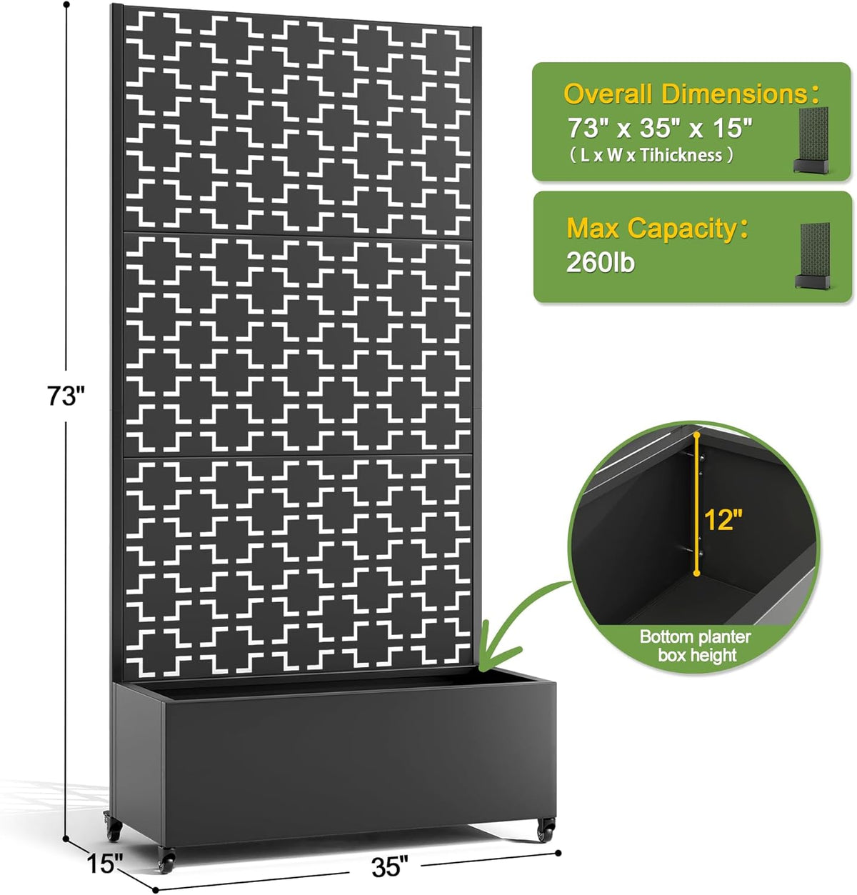 FENCY Metal Raised Garden Bed with Wheels and Trellis,73"x35"x16" Planter Box for Climbing Plants, Vegetables & Vines, Features Privacy Screen and Drainage Holes (Black-Square)