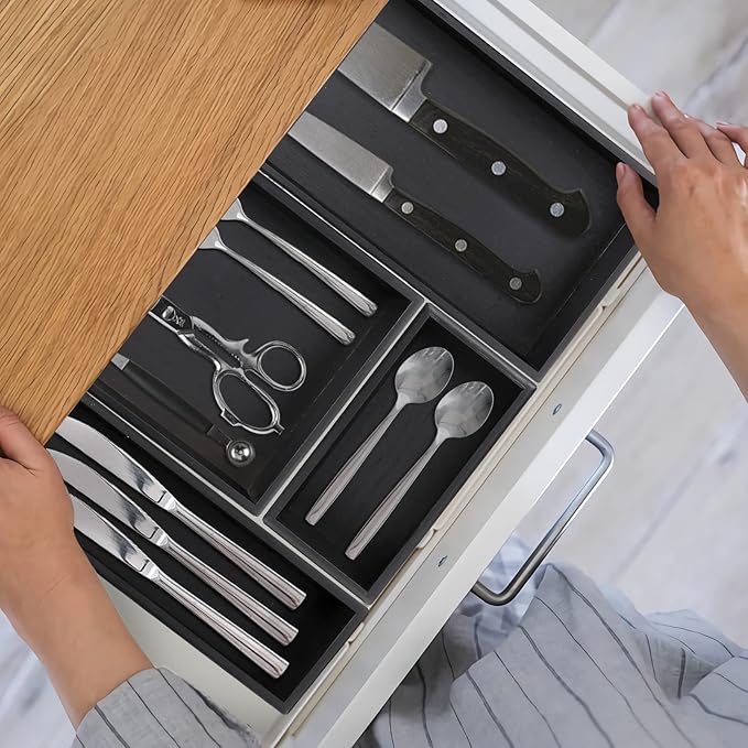 Bamboo Drawer Organizer - Kitchen Utensil Organizer Silverware Tray Cutlery Holder，Office Desk Supplies and Accessories,12 * 5.9 * 2.6,Black