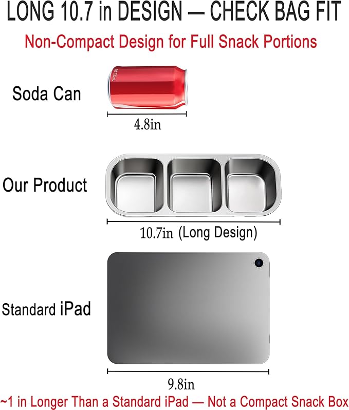 KTKUDY 3 Pack Stainless Steel Snack Container for Kids & Adults - Large - Leak-Proof 3-Compartment Stackable Snack Lunch Box for Daycare, School, Work & Travel