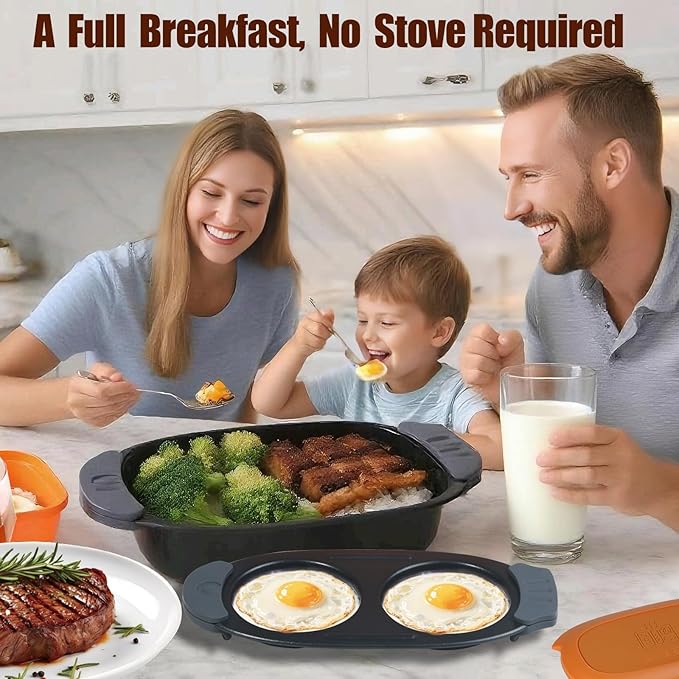 MKYSAIL Quick-Heat Microwave Egg Cooker and 33 OZ Microwave Grill Combo | 2-Piece Breakfast Maker Set for Grilling, Frying, Crisping Meat, Bacon, Pancakes & Veggies | Dishwasher Safe & Non-Stick for Kitchen RV, Dorm, Office(Orange)