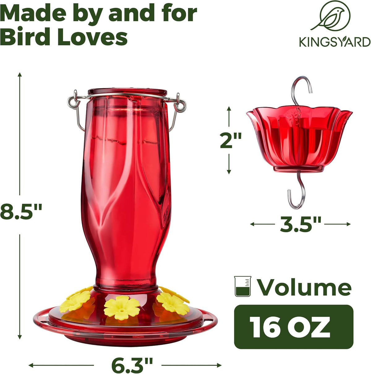 Kingsyard Glass Hummingbird Feeders for Outdoors Hanging, 6 Feeding Ports 16 Ounces Leakproof Bird Nectar Feeder for Garden Porch Fall Decorations, Easy to Refill & Clean, Ant Moat Included, Red