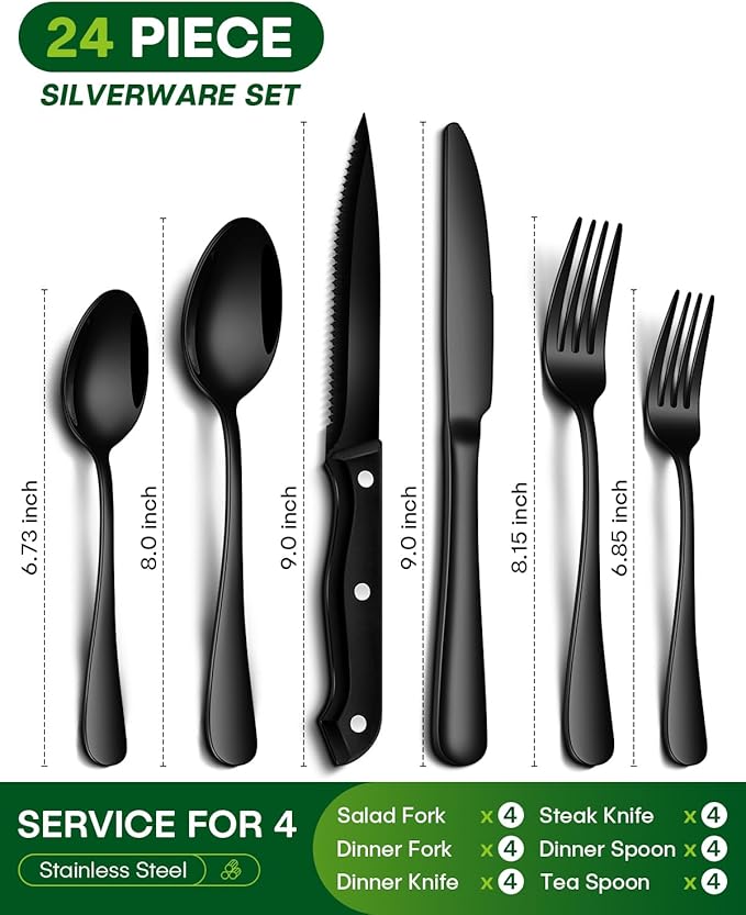 PHILIPALA 24-Piece Black Silverware Set with Steak Knives Food-Grade Stainless Steel Flatware Set for 4 Mirror Cutlery Dishwasher Safe Utensil Sets for Home Restaurant