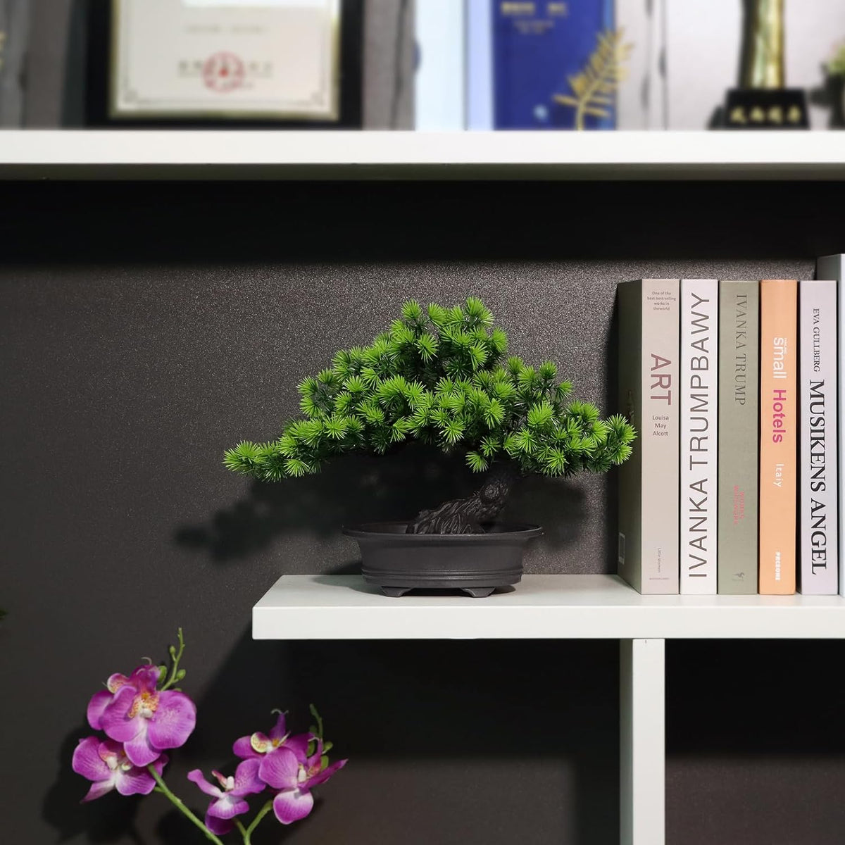 Artificial Plants Greenery Bonsai, Room Decor Fake Bonsai Tree for Home Decor Indoor Bookshelf Office Desk Bathroom Farmhouse Decor, Tall 9.5"