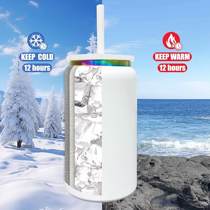 Glass Cups with Lids and Straws, 16 oz Stainless Steel Cups, Insulated Skinny Tumbler, Powder Coated Travel Mugs for Laser Engrave, Iced Coffee Cup for Smoothie Water DIY Gift (White,1 pack)