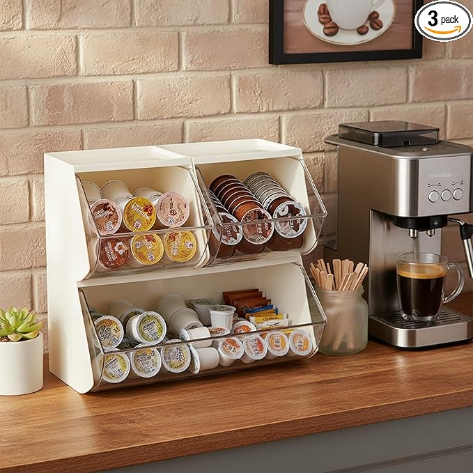 3 Pack Coffee Pod Basket for Kitchen Counter, Plastic Storage Organizer Box for Office Desk, Large Tea Bags Holder ( Cream / Clear )