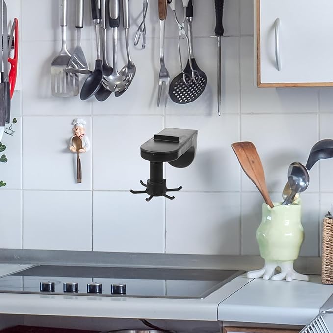 2pcs Wall Mounted Kitchen Utensil Hooks Multi-Functional 6-Claw Rotating Adhesive Hanger Black for Hanging Cooking Tools Under Cabinet Storage