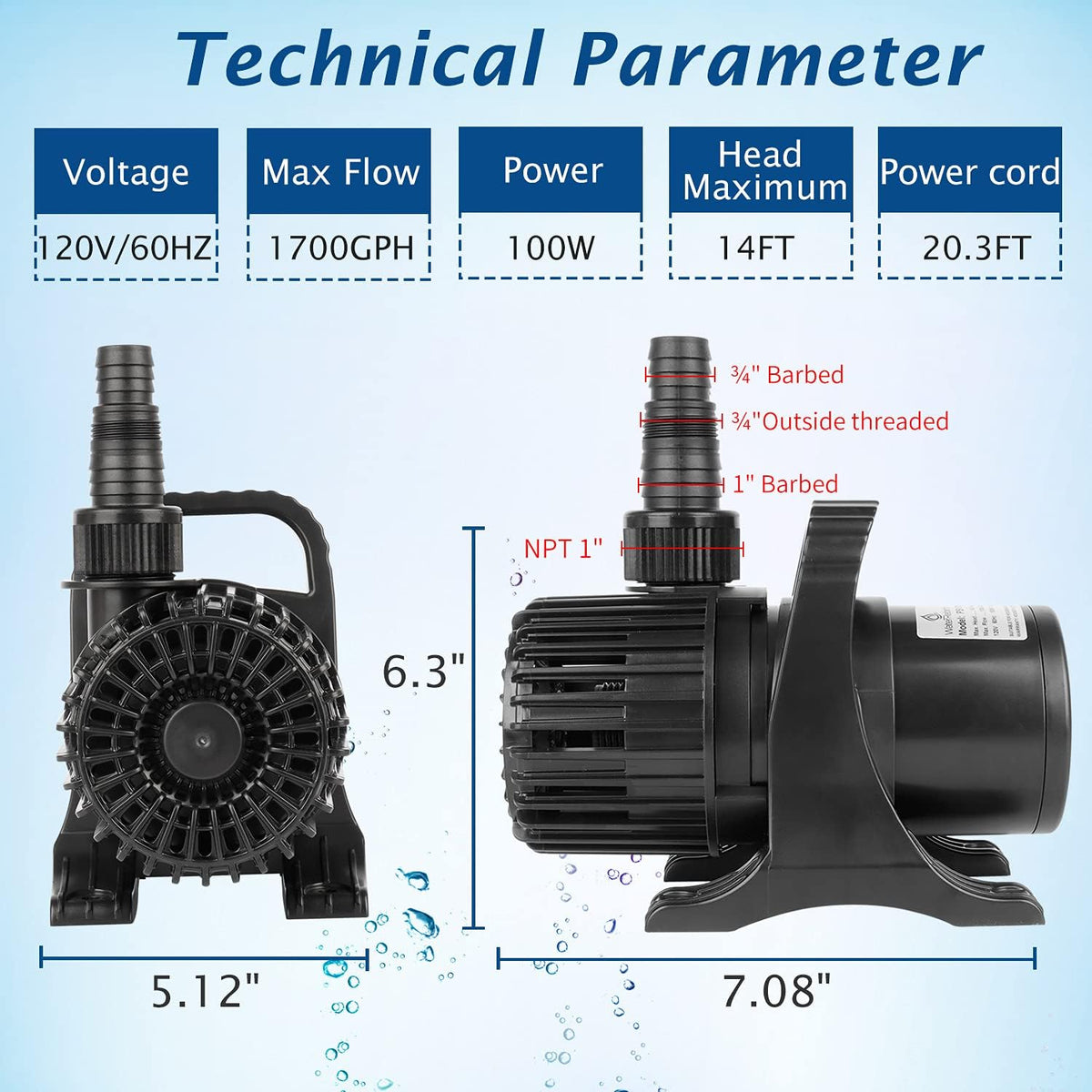 WaterRebirth (1700GPH-120W,UL listed) Large Fountain Submersible Water Pond Sump Pump Aquarium Electric Waterfall Pump Outdoor PS-1700
