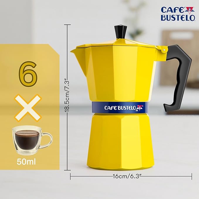 LORD'S ROCKS Café Bustelo Stovetop Espresso Maker – 300 ml Cup Moka Pot Coffee Percolator, Durable Aluminum with Heat-Resistant Handle, Bold Yellow Design – Authentic Café-Style Coffee at Home