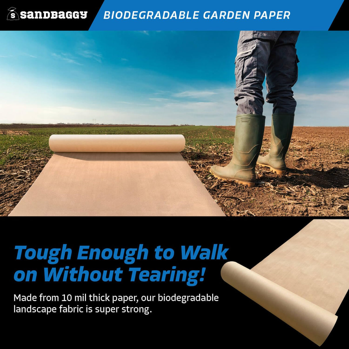Sandbaggy Biodegradable Landscape Fabric - Garden Paper for Weeds - Paper Mulch Rolls - Made in America (5 ft x 475 ft, 10)
