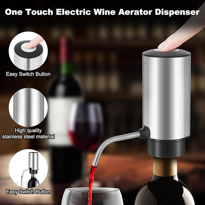 VIDYSUFYR Electric Wine Opener with Electric Decanter and Aerator, Rechargeable Electric Wine Bottle Opener, Stainless Steel Wine Accessories with Foil Cutter, Electric Aerator, Vaccum Stopper