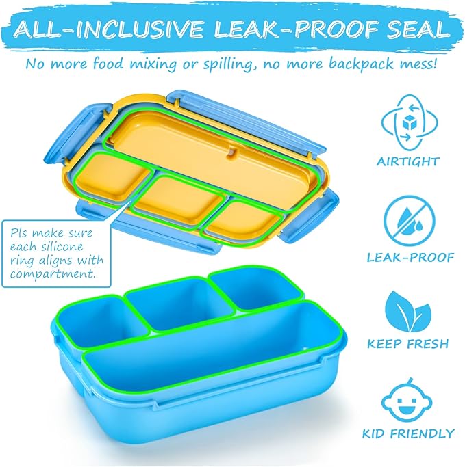 QQKO Bento Lunch Box for Kids Girls Boys, Toddler Kids Lunch Boxes for School, Lunch Containers for Adults with 4 Compartments, Sauce Container, Utensils, Food Picks and Muffin Cups, Blue