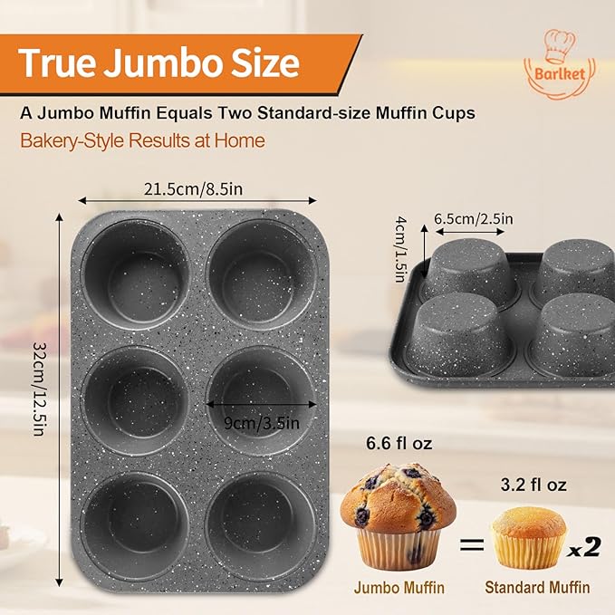2 Pack Jumbo Muffin Pan, 6 Cup Large Cupcake Pan with Speckled Granite Coating and Paper Liners, Professional Nonstick Carbon Steel Muffin Tin for Baking Muffins Frittatas Cupcakes, Grey