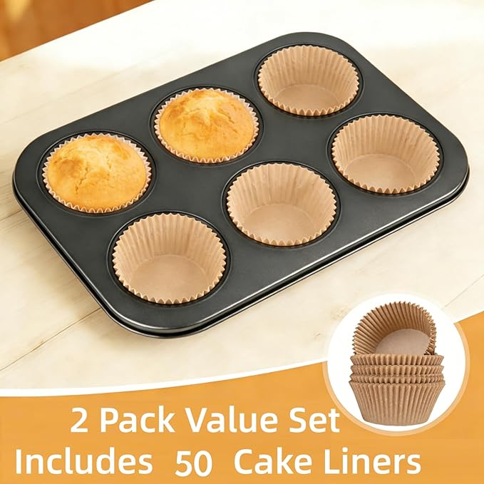 Artcochan 2 Pack Muffin Pan with 50 Cupcake Liners, Extra Large 6 Cup Nonstick Carbon Steel Cupcake Pan,Jumbo Muffin Tin for Baking Supplies