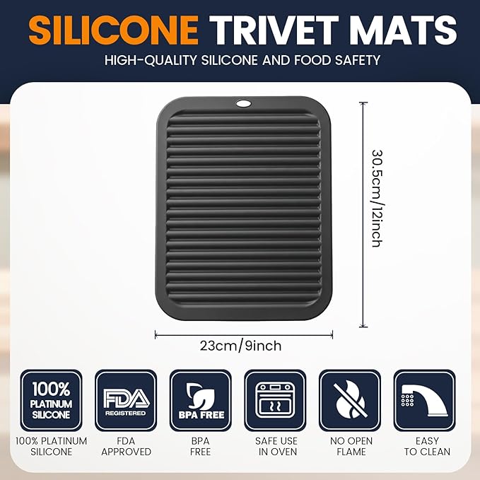 Silicone Trivet Mats 2 Heat Resistant Pot Holders Multipurpose Non-Slip Hot Pads for Kitchen Potholders, Drying mat, Jar Opener, Spoon Holder, Coaster.(Jet Black)