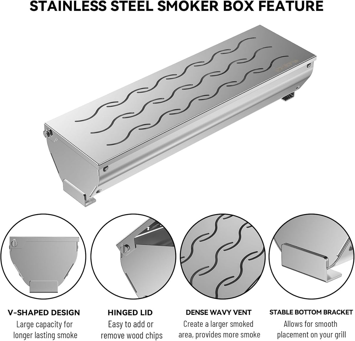 Skyflame Stainless Steel Wood Chip Smoker Box, BBQ Meat Smoking with Wavy Vent and Hinged Lid, Large Capacity for Gas/Charcoal Grill, V Shape with Flat Base Bottom