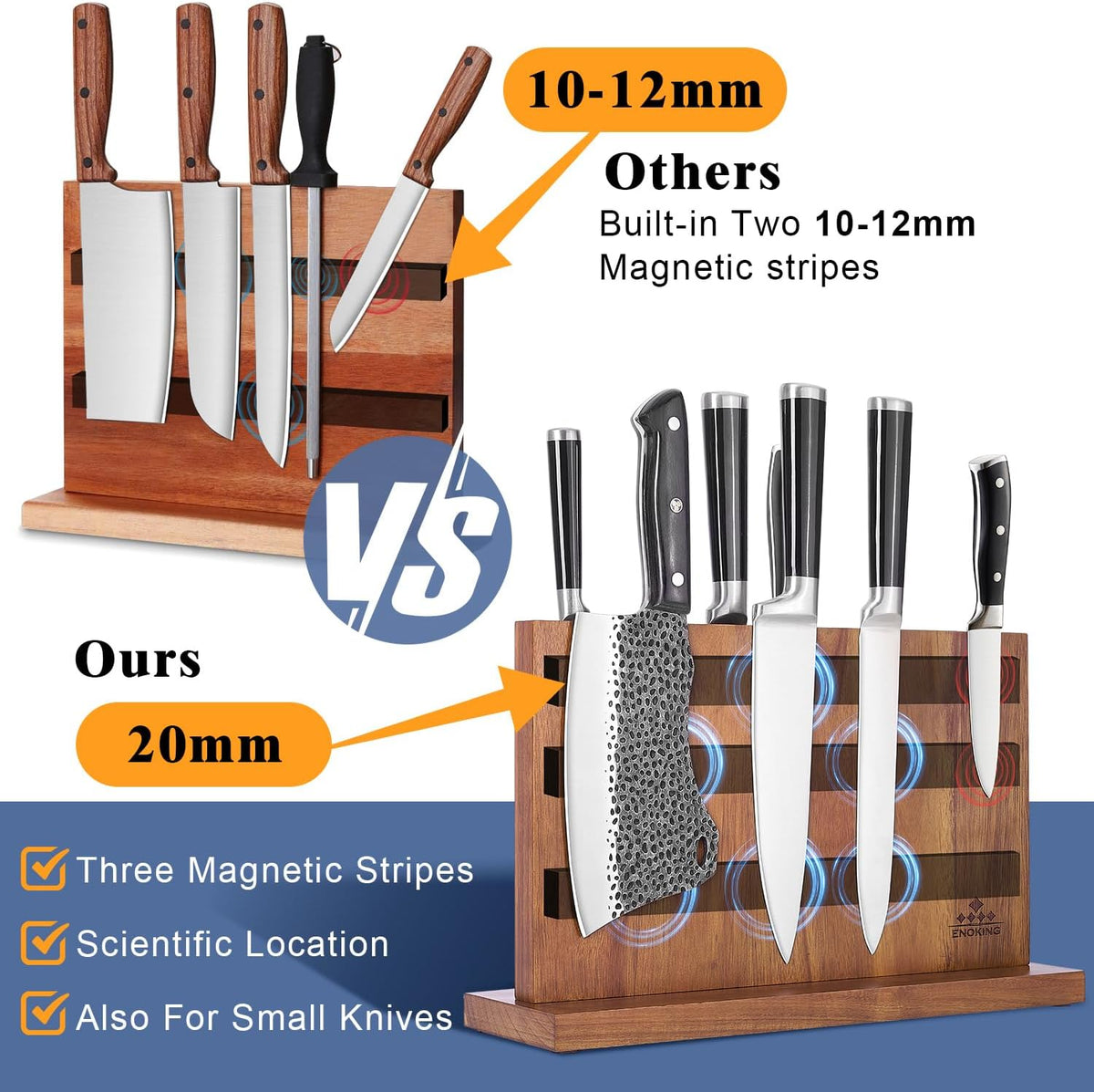 ENOKING Extra Large Magnetic Knife Block, 15.2-In Acacia Wood Knife Holder for Home Kitchen, Universal Knife Holder Stand with Strong Enhanced Magnets for Safe and Multifunctional Knife Storage