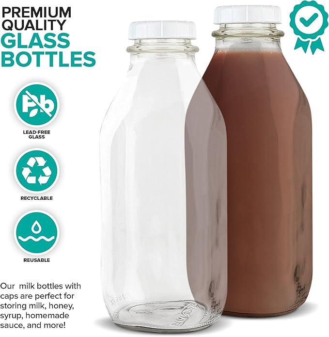 Stock Your Home Liter Glass Milk Bottles (2 Pack) - 32-Oz Milk Jars with Lids - Food Grade Glass Bottles - Dishwasher Safe - Bottles for Milk, Buttermilk, Honey, Maple Syrup, Jam, BBQ Sauce