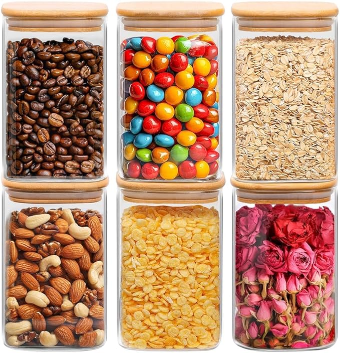 ComSaf 1.2 QT Glass Storage Containers with Lids, Glass Jars with Lids, Clear Food Jar, Square Canister Set of 6, Pantry Organizers and Storage for Cookie Flour Oat Pasta Tea Coffee Bean