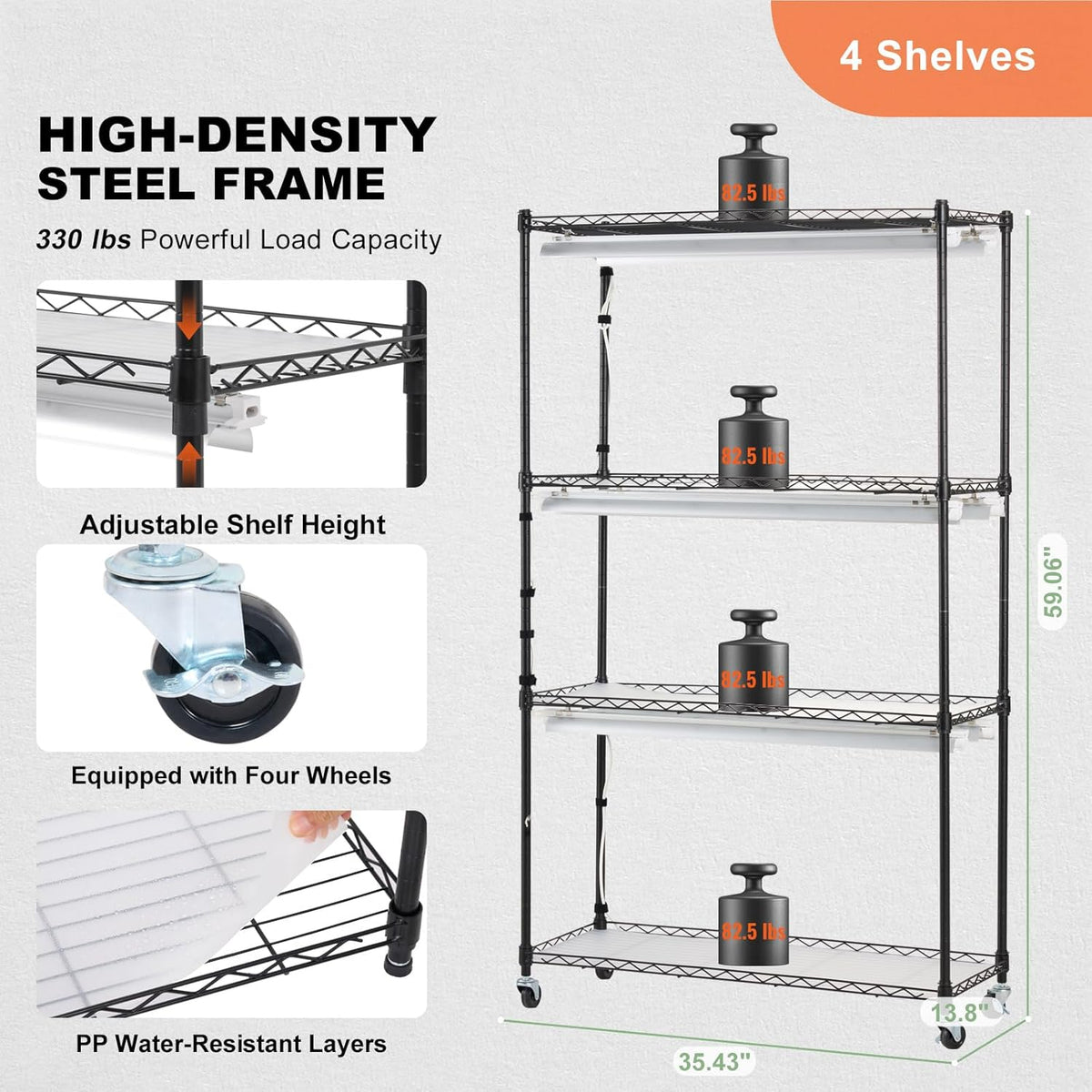 VEVOR Plant Stand with Grow Light, 4 Tiers Plant Shelf with 3000K 180W LED Full Spectrum Light for Indoor Plants, Grow Light Shelf with Timer for Seed Starting 35.4" L x 13.8" W x 59.1" H