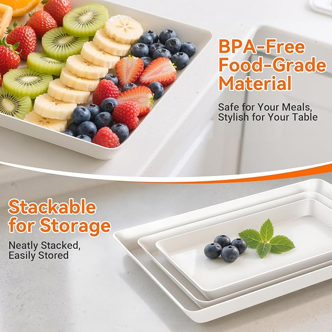 6-Pack Serving Tray for Parties, Serving Platter in 3 Sizes for Entertaining, Food Display, Plastic Trays for Cookies, Stackable Rectangular Platters for Family(White)