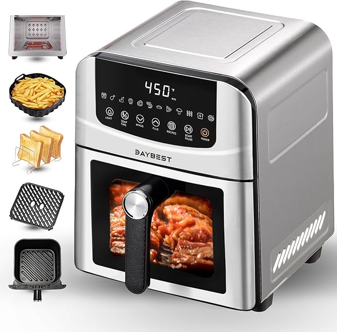 Stainless Steel Air Fryer Ceramic 12 in 1, Dual-Blazes in Steel Housing, 6QT 2-3 Servings Visible 8.27" Basket with Teflon-Free Premium Coating, 1700W, DAYBEST Dishwasher Safe Kits (Silver)