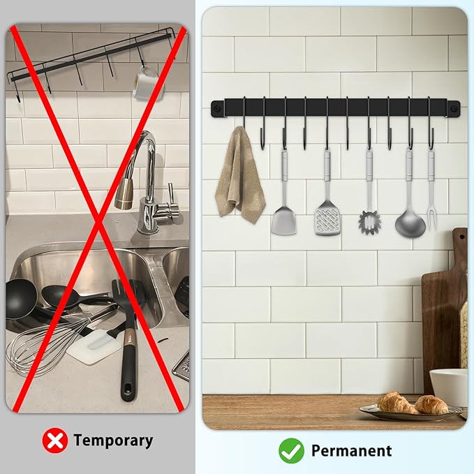 Kitchen Hanger Wall Mounted with 10 Hooks, Wrought Iron Kitchen Rail Utensil Holder Rack, Hanging Pots, Pans, Coffee Mug, Black, 17", 2 Pcs