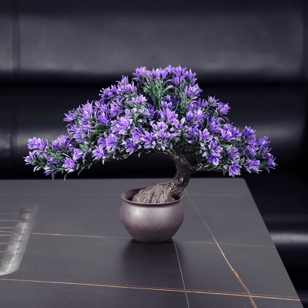 Fake Plants Plastic Artificial Bonsai Tree, Purple Room Decor Bonsai Tree for Home Bedroom Farmhouse Office Desk Decor, Tall 9.5"
