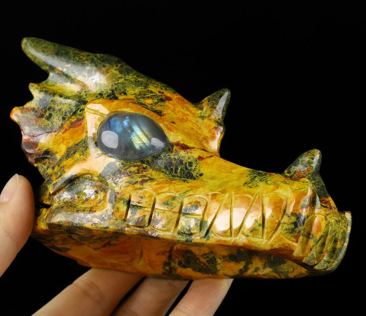 Skullis 5.1" Orpiment Carved Crystal Dragon Skull with Labradorite Eyes. Z8