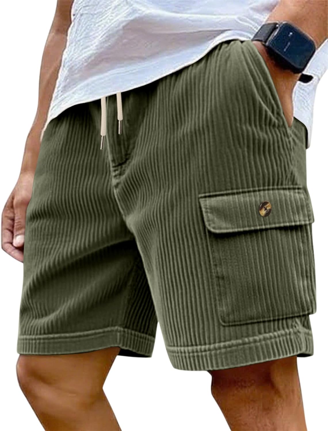 Mens Cargo Shorts Casual Drawstring Elastic Waist Corduroy Summer Beach Shorts with Pockets