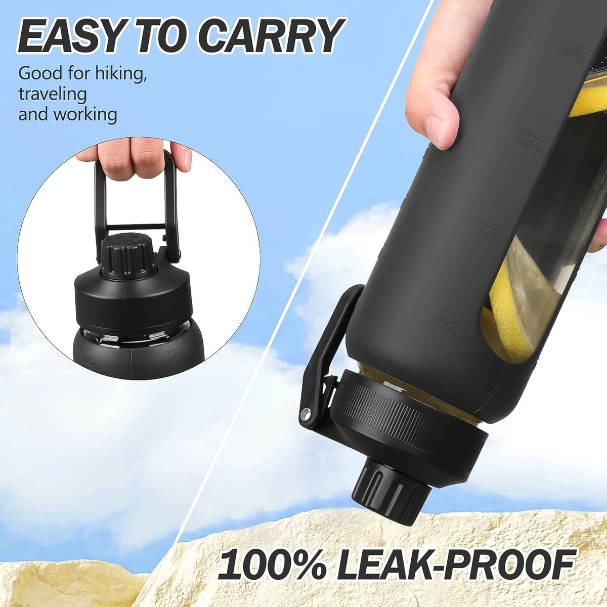 32oz Glass Water Bottle with Straw and 2 Lids- Bamboo Straw and Spout Lid with Phone Holder for Gym, Glass Drinking Bottles with Silicone Sleeve and Motivational Time Marker, Black