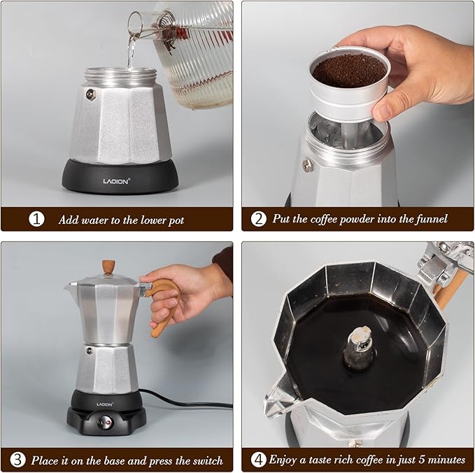 LAOION Cafeteras Electricas Modernas,6 Cup Portable Espresso Maker,300ml Moka Pot with Detachable Base & Overheat Protection, Great for Home，Office, or Travel, a Thoughtful Gift for Coffee Lovers
