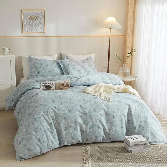 Garden Style Boho Floral Comforter Set Queen Size Fluffy Soft Botanical Blue Flowers Leaves Floral Bedding Comforter Set for Girls Women Vintage Flowers Comforter with 2 Pillowcases All Seasons