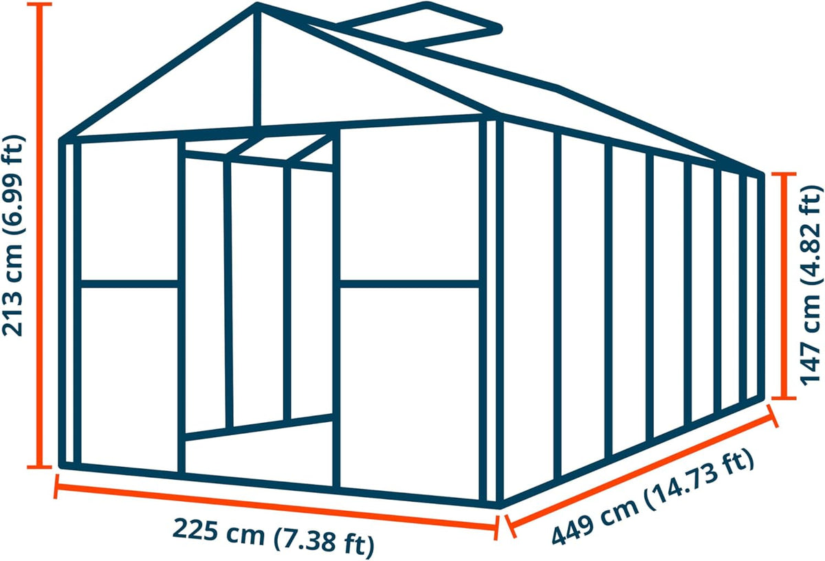 Greenhouse Topas 7 Aluminum Frame 7.4 x 14.7 ft with Approx. 8 mm Polycarbonate Panels - with Bonus Base Frame and Automatic Vent Opener