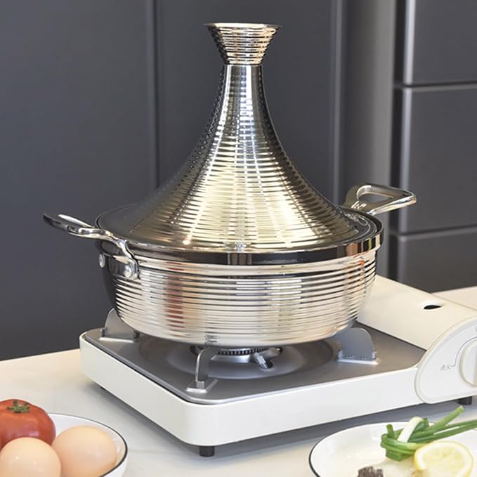 Moroccan Tagine Cooking Pot,Stainless Steel Non Stick Moroccan Casserole with 2 Handles,Large Moroccan Cooker Handmade Tagine Pot with Cone-Shaped Lid(23cm, Silver)