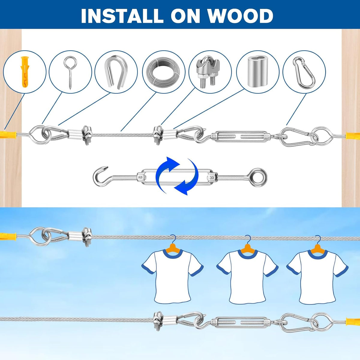220FT 1/8" Wire Rope Kit - 304 Stainless Steel Cable with Turnbuckles for Cables Wire, Vinyl Coated Hanging Wire for Outdoor String Lights, Camping, Garden Trellis, Hanging Clothes, Pictures, Curtain