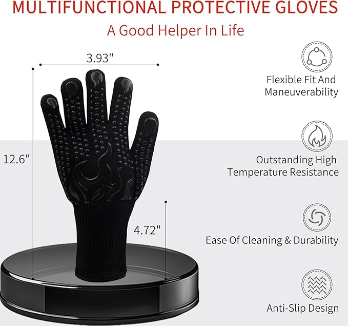 CHETTO C 1472°F Heat Resistant Silicone Non-Slip Oven Gloves for Grilling, Cooking, Baking, Roasting Kitchen Gloves One Pair Comfortable and Safe, Durable, Black