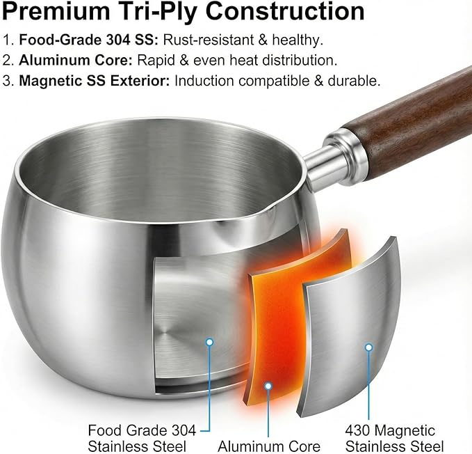 17oz Stainless Steel Sauce Pot with Heat Resistant Wooden Handle, Butter Warmer Milk and Coffee Warmer, Chocolate Melting Pot, Mini Sauce Pan for Coffee