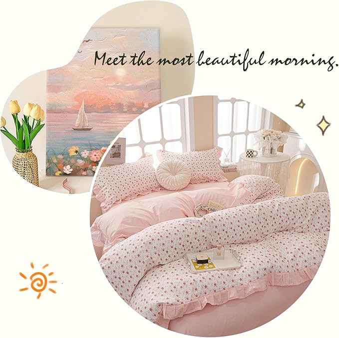 Pink Floral King Comforter Set Chic Flower Bedding Ruffled Comforter Set King Vintage Garden Floral Comforter with Lace Reversible Flower Botanical Comforter Fluffy All Seasons Bedding Set King