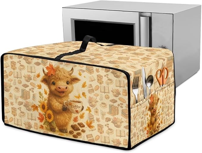 Toaster Oven Dust Cover Dustproof Convection Microwave Ovens Cover Stain-resistant Small Countertop Appliance Protector, L, Highland Cow Coffee Sunflower Fall Decor