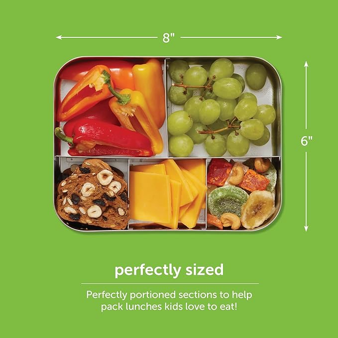 LunchBots Large Trio Stainless Steel Lunch Container -Three Section Design for Sandwich and Two Sides - Metal Bento Lunch Box - Eco-Friendly - Stainless Lid - Green Dots