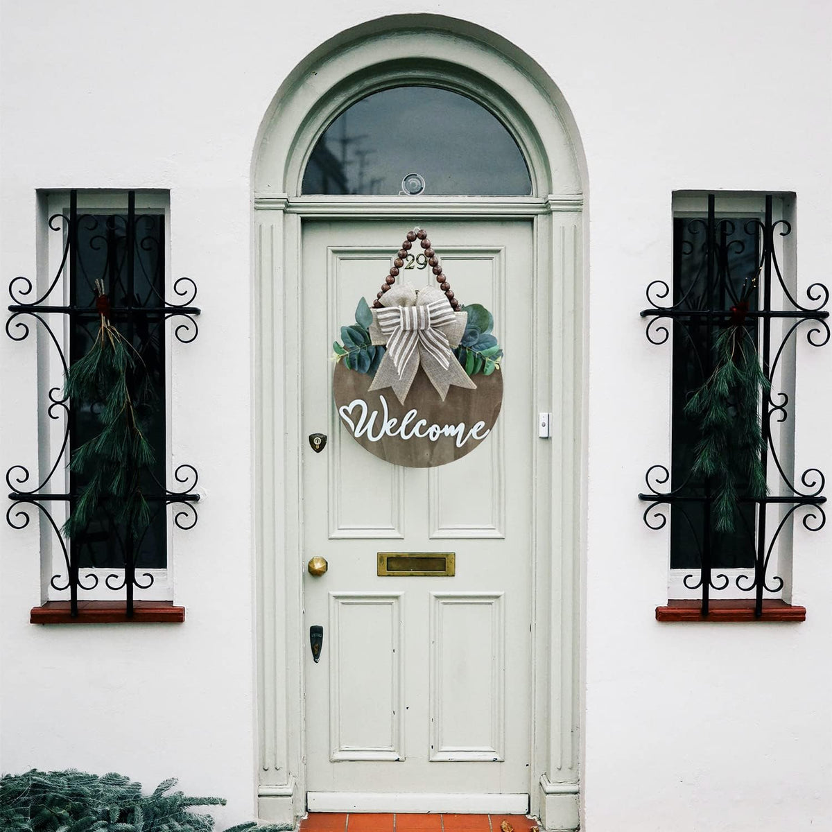 3D Welcome Sign for Front Door |Home/Farmhouse Porch Décor Wooden Hanging Sign with Artificial Leaves and Rustic Beads | Christmas Classroom |12" Round