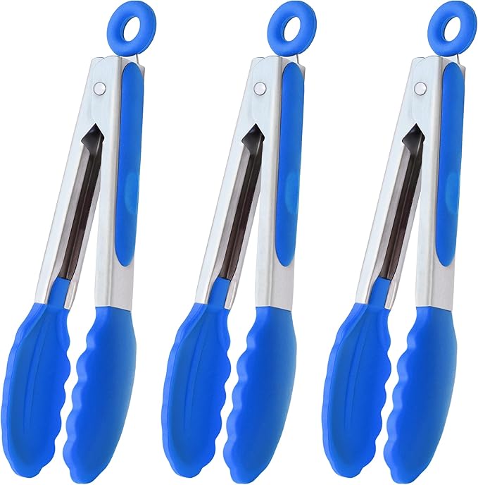 Small Tongs with Silicone Tips 7-Inch Serving Tongs, Set of 3 (Blue)